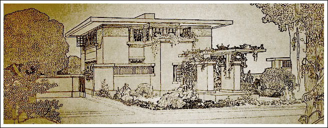 Ink drawing by Marion Mahony of a typical Frank Lloyd Wright house