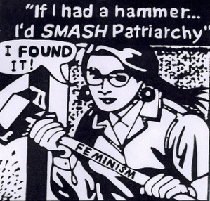 Black and white comic style artwork of a woman holding a hammer with the word FEMINISM on the handle