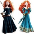 Two illustrations of the same character side by side for comparison - one shows a teenage girl with wild red hair in a dark green dress holding a bow and wearing a quiver of arrows. The other shows an older glamorous version of supposedly the same girl, with styled flowing curls and a fancy dress with sparkles and fancy sash, striking a "look at me" pose.