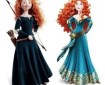 Two illustrations of the same character side by side for comparison - one shows a teenage girl with wild red hair in a dark green dress holding a bow and wearing a quiver of arrows. The other shows an older glamorous version of supposedly the same girl, with styled flowing curls and a fancy dress with sparkles and fancy sash, striking a "look at me" pose.