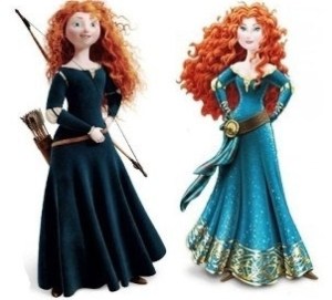 Two illustrations of the same character side by side for comparison - one shows a teenage girl with wild red hair in a simple dark green dress casually holding a bow and wearing a quiver of arrows on her belt. The other shows an older glamorous version of supposedly the same girl, with styled flowing curls and a fancy aqua dress with a lower neckline and sparkles,  the belt now supports a long and delicate sash, she is striking a "look at me" pose.