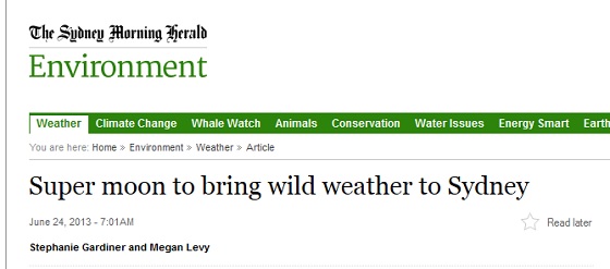Screencap of Sydney Morning Herald headline: Super moon to bring wild weather to Sydney