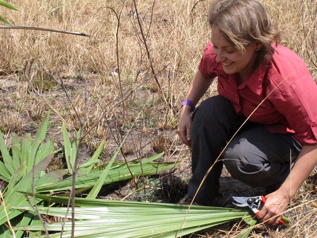 White woman crouched in grass handling palm fronds.