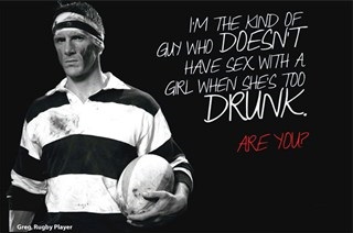 A black and white photo of a man holding a rugby football, text overlaid as per caption
