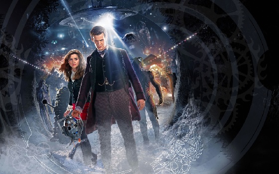 The Doctor and Clara are standing in snow at what looks like the mouth of a cave. The Doctor is holding the head of a Cyberman, behind them we see an intact Cyberman, a Dalek, a Weeping Angel, one of The Silence, and many more figures, weapons and spacecraft in the background which are not clearly distinguishable. There are many high-powered beams looking dangerous too.