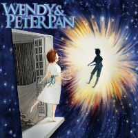 Against the background of a starry sky, a girl stands on a window ledge looking excited to see the silhouette of a boy floating in mid-air surrounded by bright light.