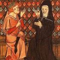 Medieval painting of monk and nun conversing.