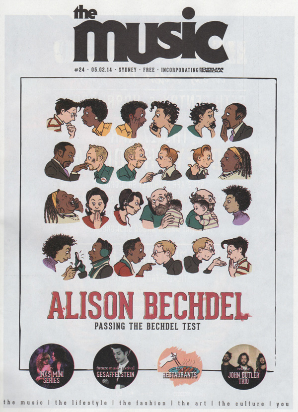 Cartoon of all kinds of people having paired conversations. Text: Alison Bechdel, passing the Bechdel test.