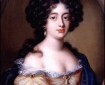 Portrait of C17th pale, brunette woman in off-shoulder gown.