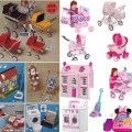 two panels - left shows prams, dollhouses, strollers, washers, vacuums etc in red, yellow, blue, white - right panels shows similar toys all in shades of pink