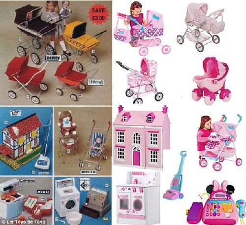 two panels - left shows prams, dollhouses, strollers, washers, vacuums etc in red, yellow, blue, white - right panels shows similar toys all in shades of pink