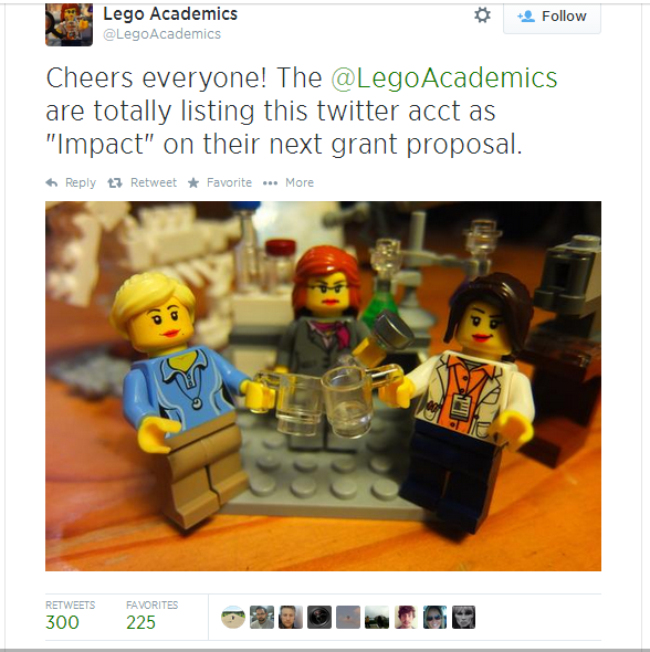 3 Female Lego minifigs. Text: Cheers everyone! The @LegoAcademics are totally listing this as 'impact' on their next grant proposal.