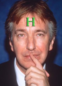 Alan Rickman photoshopped with an H on his forehead like the holograms in Red Dwarf