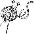 Line drawing of ball of yarn with a pair of knitting nedles stuck through it