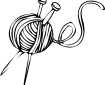 Line drawing of ball of yarn with a pair of knitting nedles stuck through it