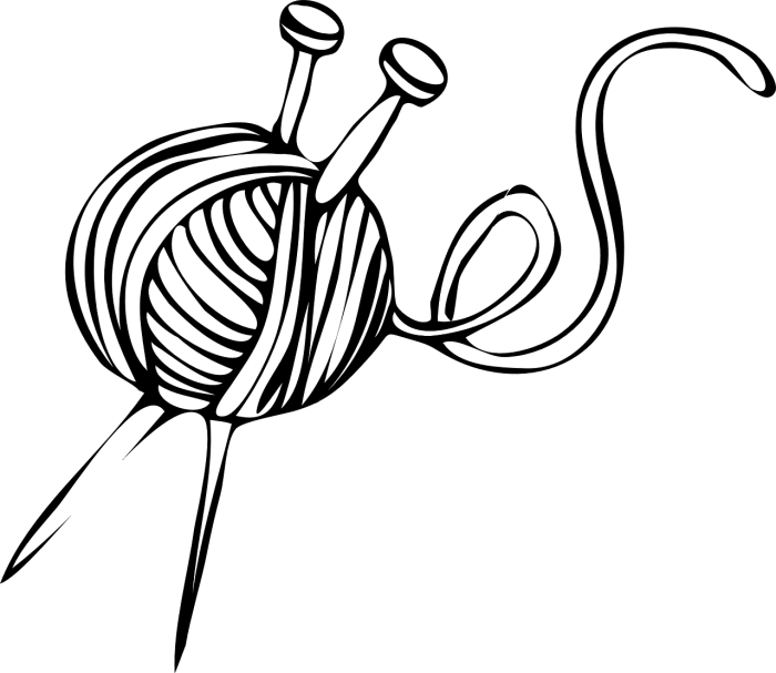 Line drawing of ball of yarn with a pair of knitting nedles stuck through it
