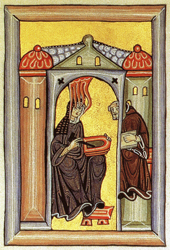 Medieval painting of a nun writing on a tablet, attended by a monk.
