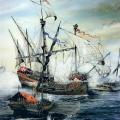 Painting of C16th Galleys fighting at seaa