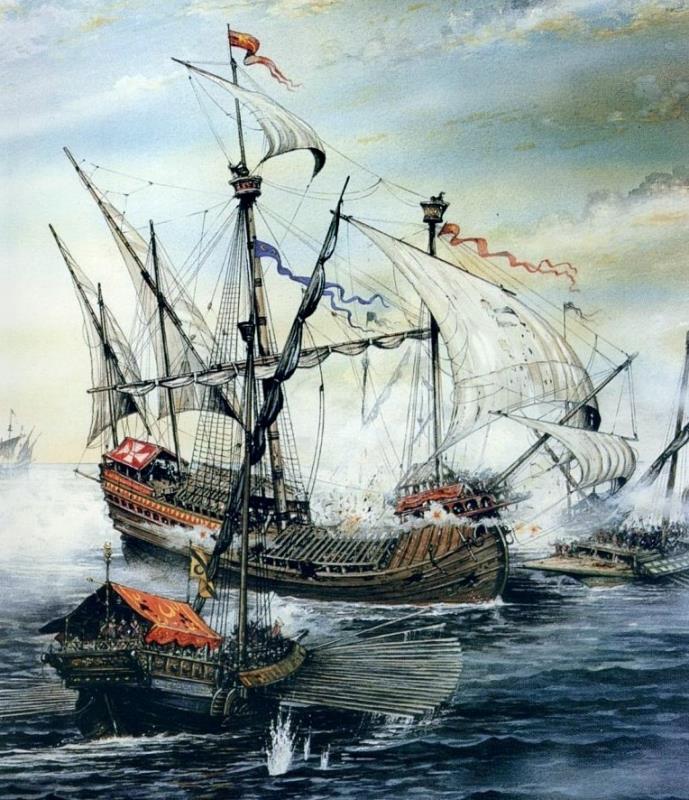 Painting of C16th Galleys fighting at seaa