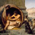 The Greek philosopher Diogenes (404-323 BC) is seated in his abode, the earthenware tub, in the Metroon, Athens, lighting the lamp in daylight with which he was to search for an honest man. His companions were dogs that also served as emblems of his "Cynic" (Greek: "kynikos," dog-like) philosophy, which emphasized an austere existence.