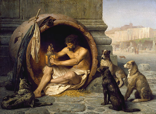The Greek philosopher Diogenes (404-323 BC) is seated in his abode, the earthenware tub, in the Metroon, Athens, lighting the lamp in daylight with which he was to search for an honest man. His companions were dogs that also served as emblems of his "Cynic" (Greek: "kynikos," dog-like) philosophy, which emphasized an austere existence.