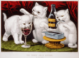 Lithography published by Currier & Ives portraying three kittens at a party where they are enjoying food and wine on a table..